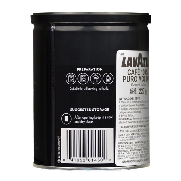 Café espresso molido Lavazza empaque original posterior
