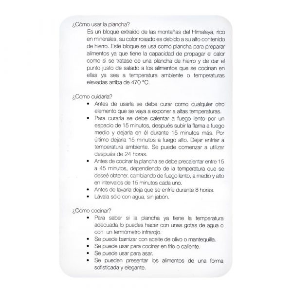 Plancha de condimento sal rosa del Himalaya - Especificaciones