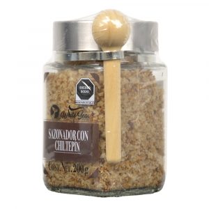 Sazonador con chiltepín White Sea en tarro de vidrio con cuchara de madera - Lateral derecho
