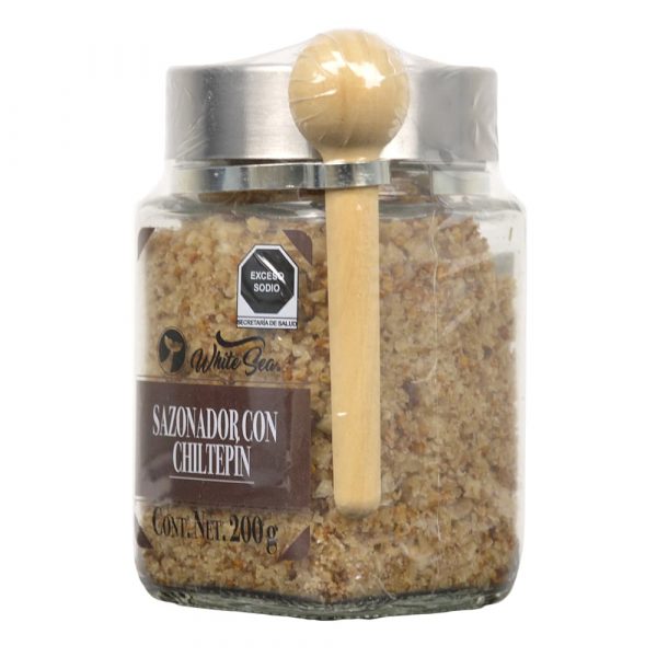Sazonador con chiltepín White Sea en tarro de vidrio con cuchara de madera - Lateral derecho