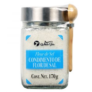 Flor de sal White Sea en tarro de vidrio con cuchara de madera
