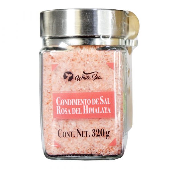 Sal del Himalaya molido fino White Sea en tarro de vidrio con cuchara de madera