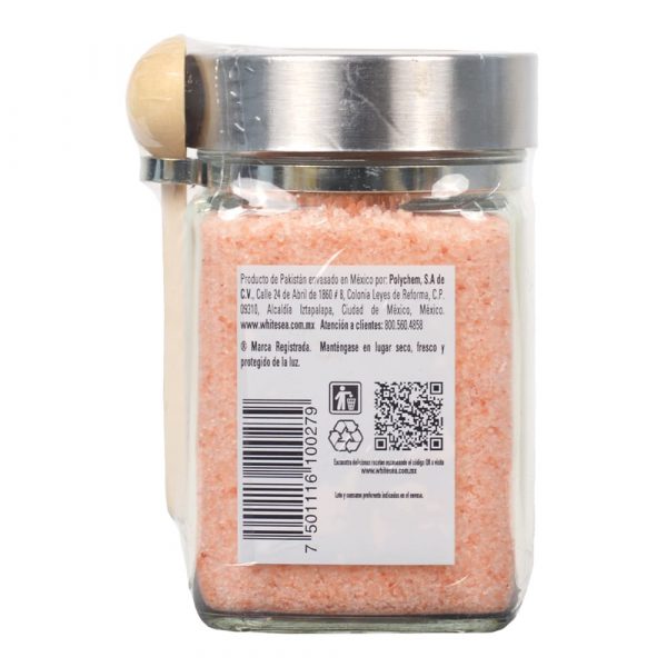 Sal del Himalaya molido fino White Sea en tarro de vidrio con cuchara de madera - Posterior