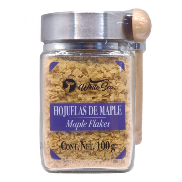 Maple en hojuelas White Sea en tarro de vidrio con cuchara de madera