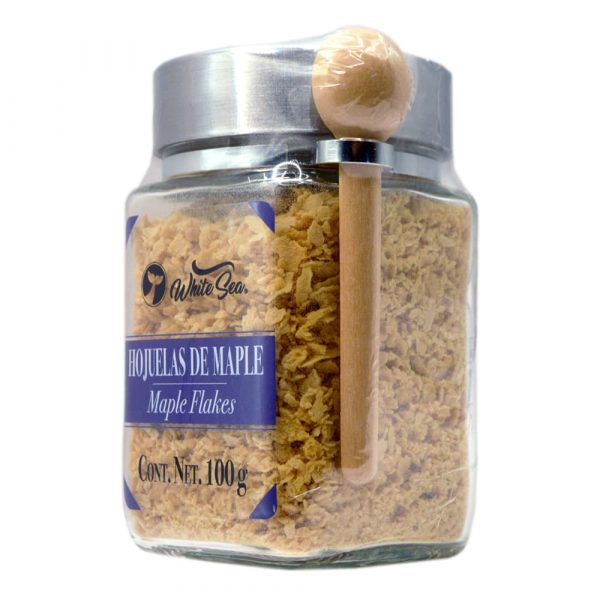 Maple en hojuelas White Sea en tarro de vidrio con cuchara de madera - Lateral