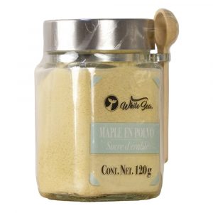 Maple en polvo White Sea en tarro de vidrio con cuchara de madera - Lateral izquierdo