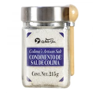 Condimento de sal de Colima White Sea en tarro de vidrio con cuchara de madera
