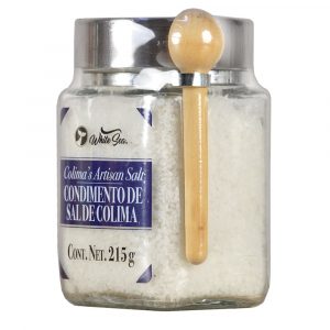 Condimento de sal de Colima White Sea en tarro de vidrio con cuchara de madera - Perspectiva