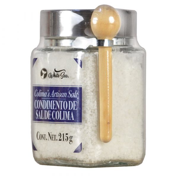 Condimento de sal de Colima White Sea en tarro de vidrio con cuchara de madera - Perspectiva