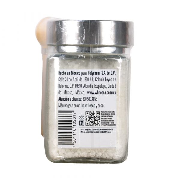 Condimento de sal de Colima White Sea en tarro de vidrio con cuchara de madera - Posterior
