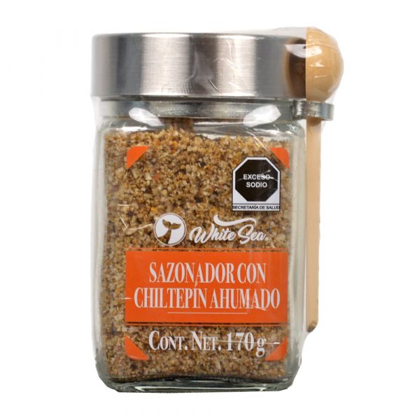 Sazonador con chiltepín ahumado White Sea en tarro de vidrio con cuchara de madera