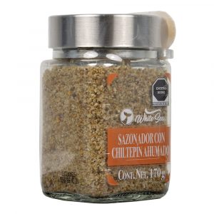 Sazonador con chiltepín ahumado White Sea en tarro de vidrio con cuchara de madera - Lateral izquierdo