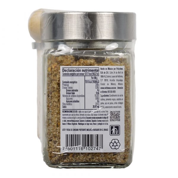 Sazonador con chiltepín ahumado White Sea en tarro de vidrio con cuchara de madera - Posterior