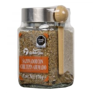 Sazonador con chiltepín ahumado White Sea en tarro de vidrio con cuchara de madera - Lateral derecho
